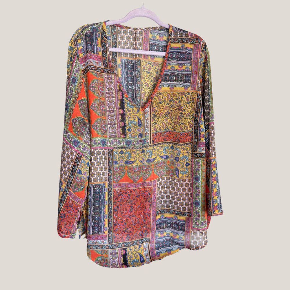 Boho Patchwork Long Sleeve Tunic Blouse / Bathing Suit Coverup, XL?